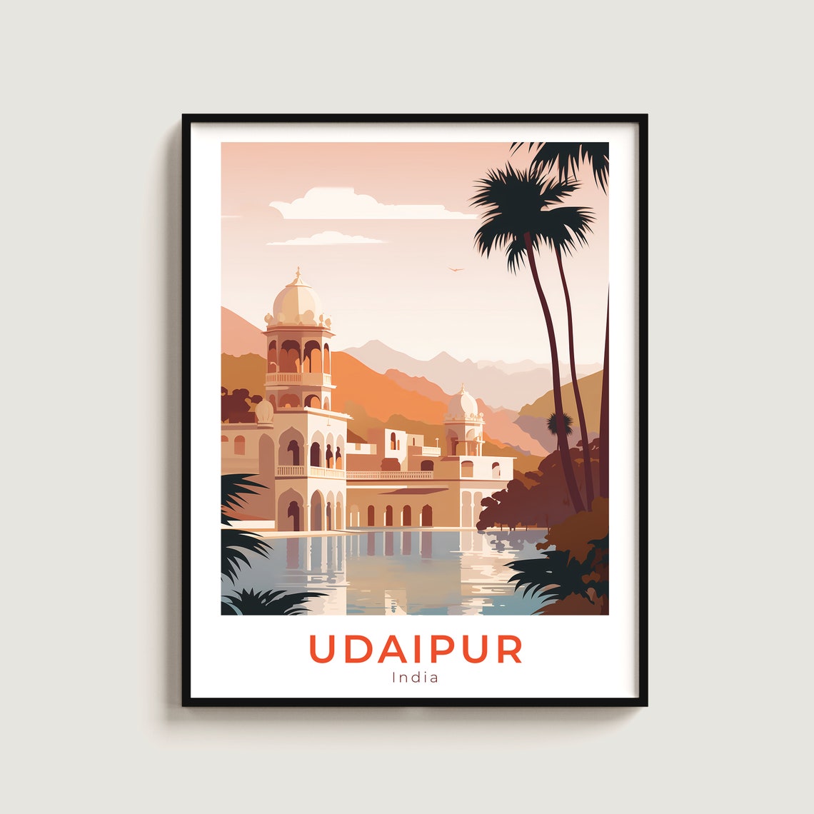 Udaipur India Lakeside Palace Reflection Warm Evening Travel Poster