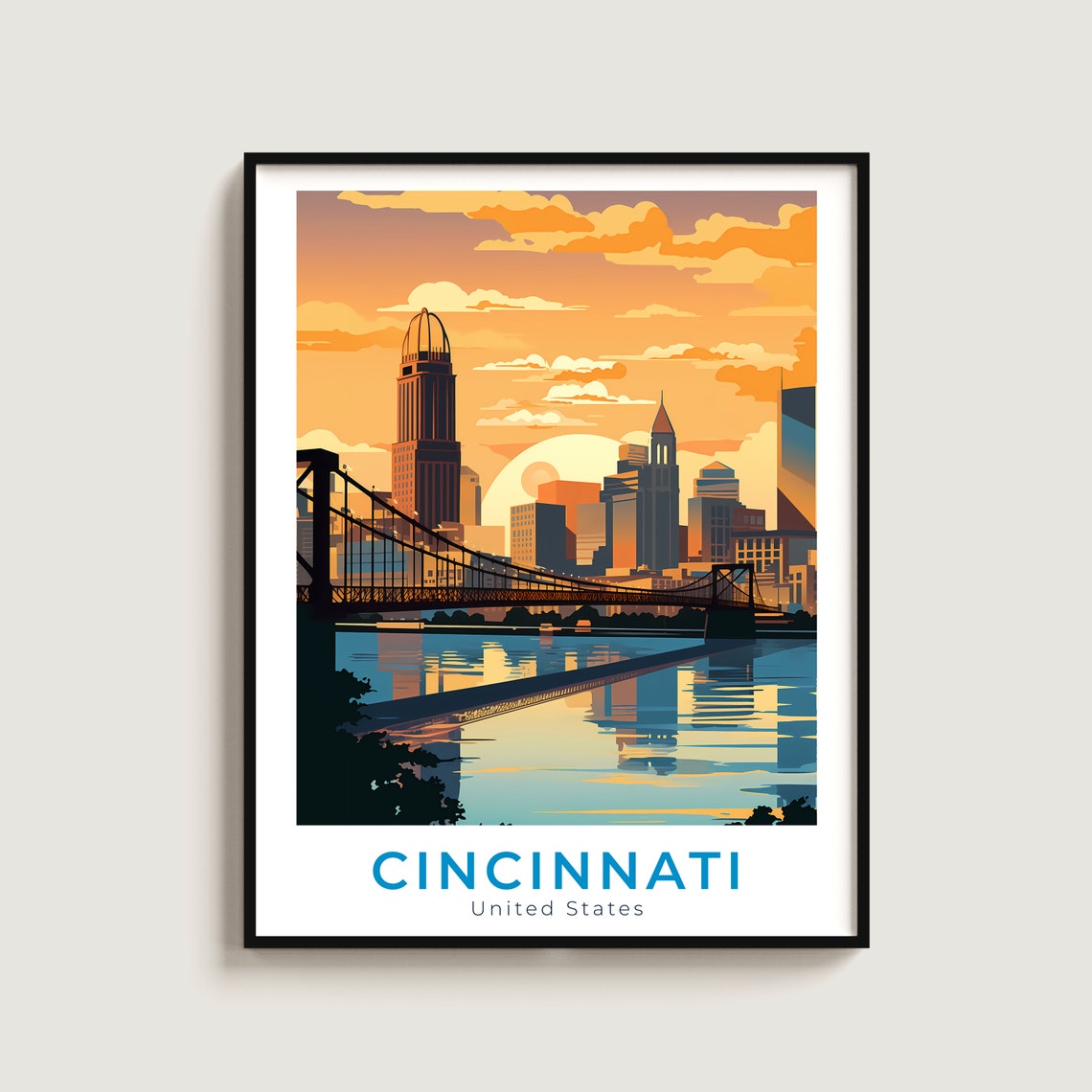 Cincinnati Ohio River Sunset Suspension Bridge Skyline Poster