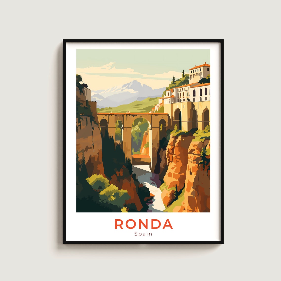 Ronda Spain Old Stone Bridge Mountain Valley Vintage Travel Poster