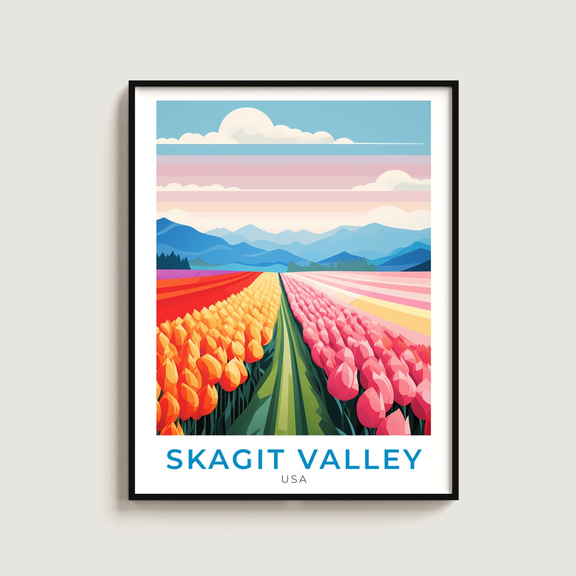 Skagit Valley Tulip Fields Rainbow Rows Mountain Vintage Travel Poster