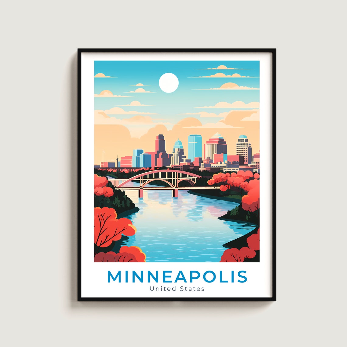 Minneapolis Skyline Autumn River Stone Arch Bridge Vintage Poster