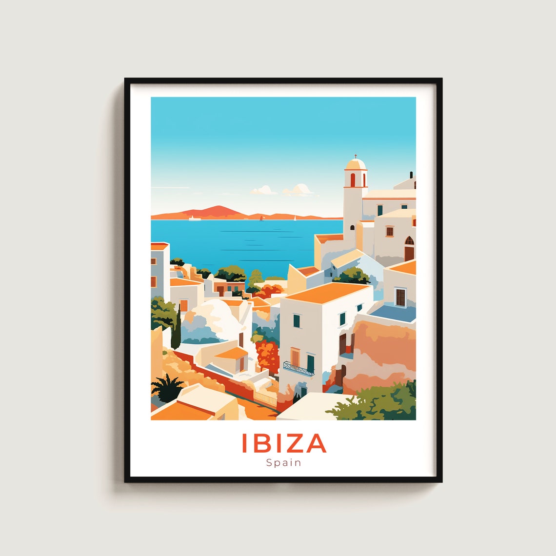 Ibiza Spain Whitewashed Village Turquoise Sea Island Travel Poster
