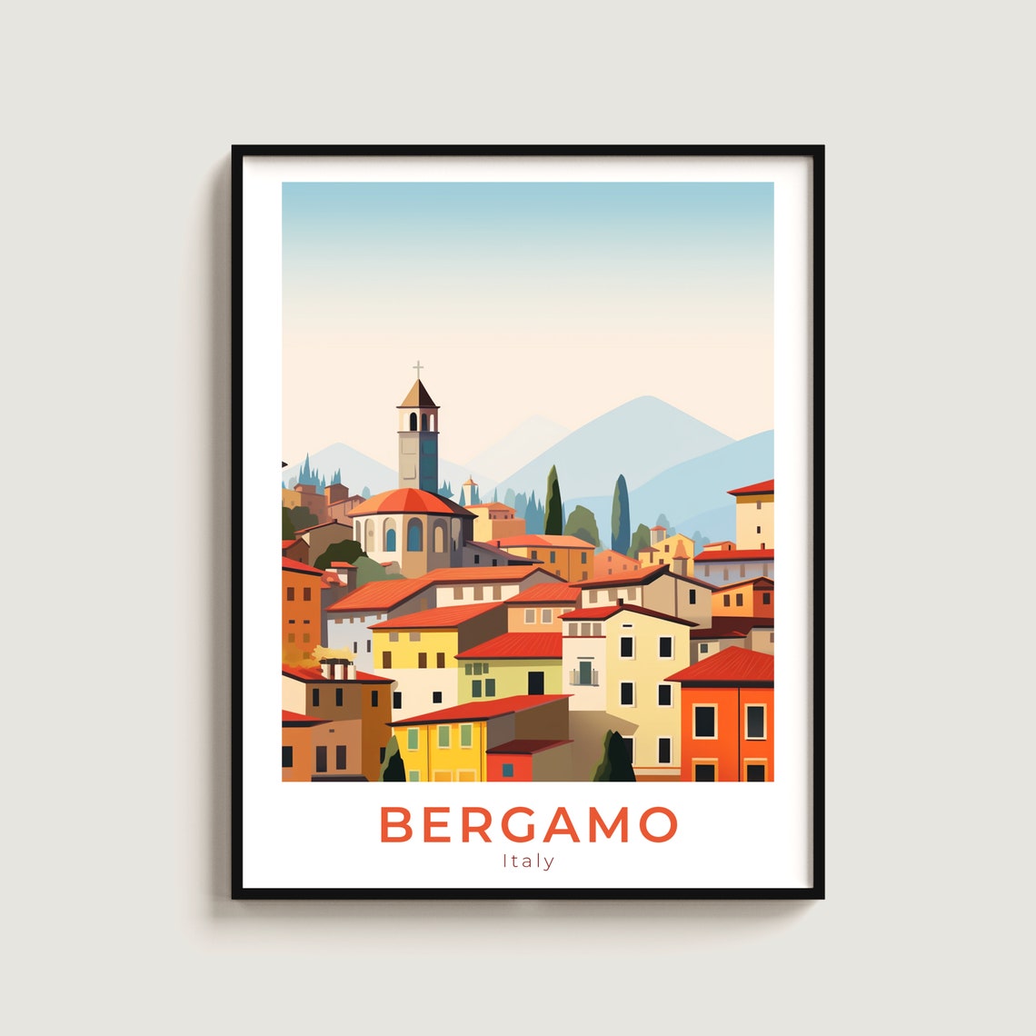 Bergamo Italy Upper Town Rooftops Church Tower Mountains Poster