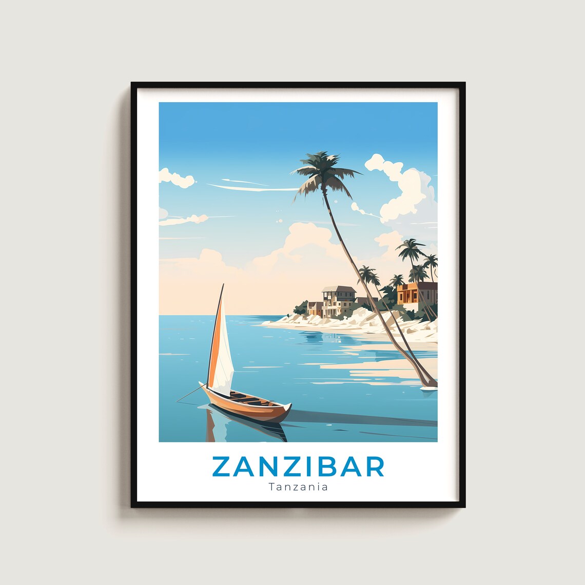Zanzibar Tanzania Sailboat Palm Beach Sunset Vintage Travel Poster