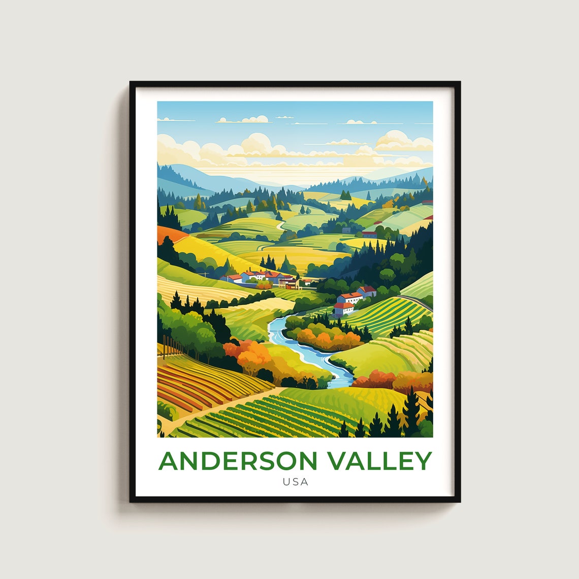 Anderson Valley USA Travel Poster Rolling Vineyards River Landscape