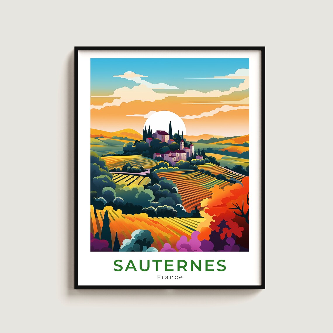 Sauternes France Sunset Vineyard Hilltop Village French Travel Poster