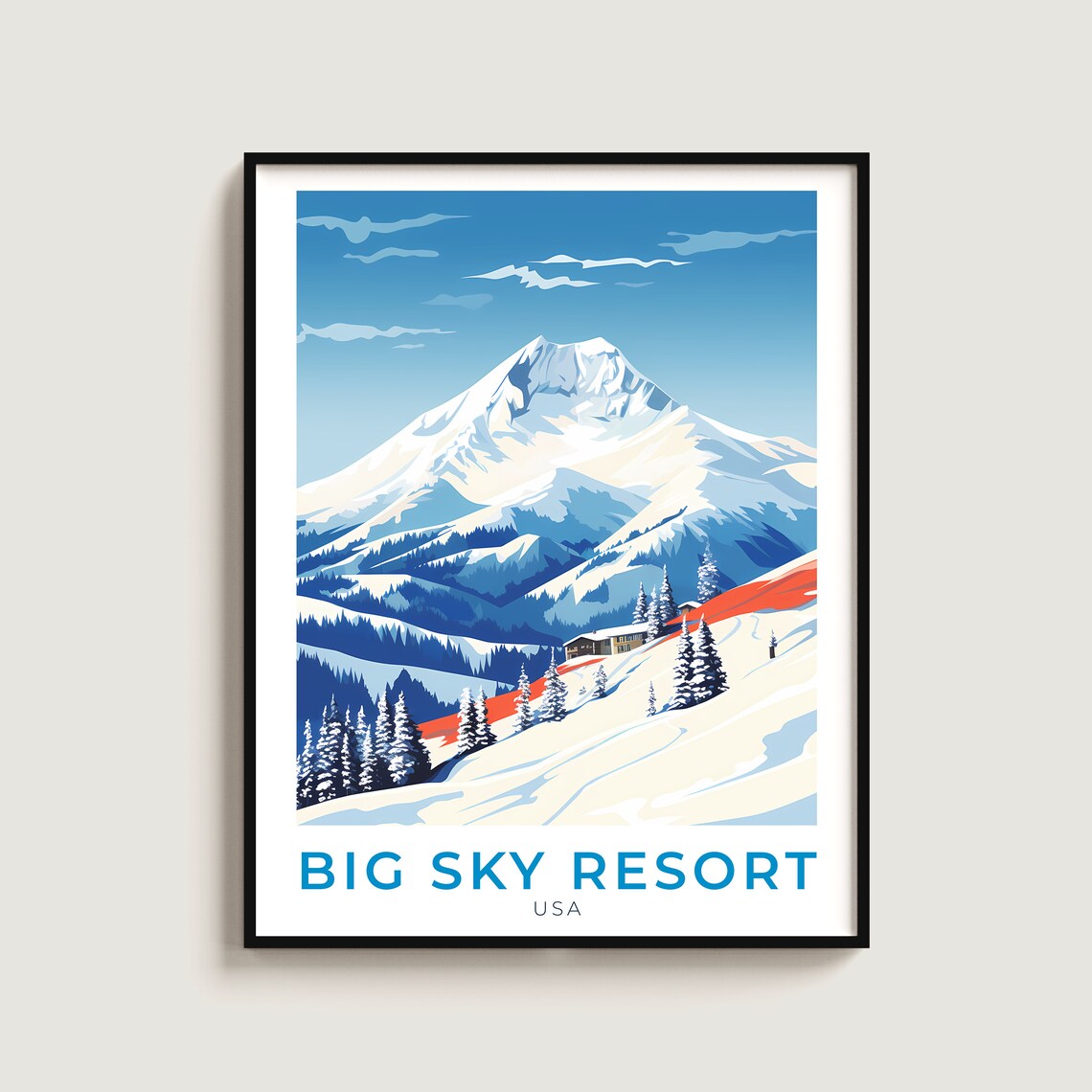 Big Sky Resort USA Snowy Peak Lodge Winter Retro Travel Poster Art