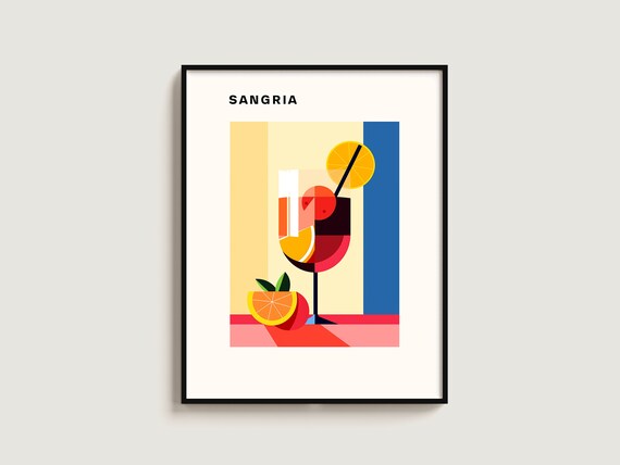 Sangria Cocktail Minimalist Orange Blue Retro Drink Art Poster