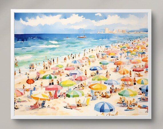 Crowded Summer Beach With Colorful Umbrellas Watercolor Art Poster