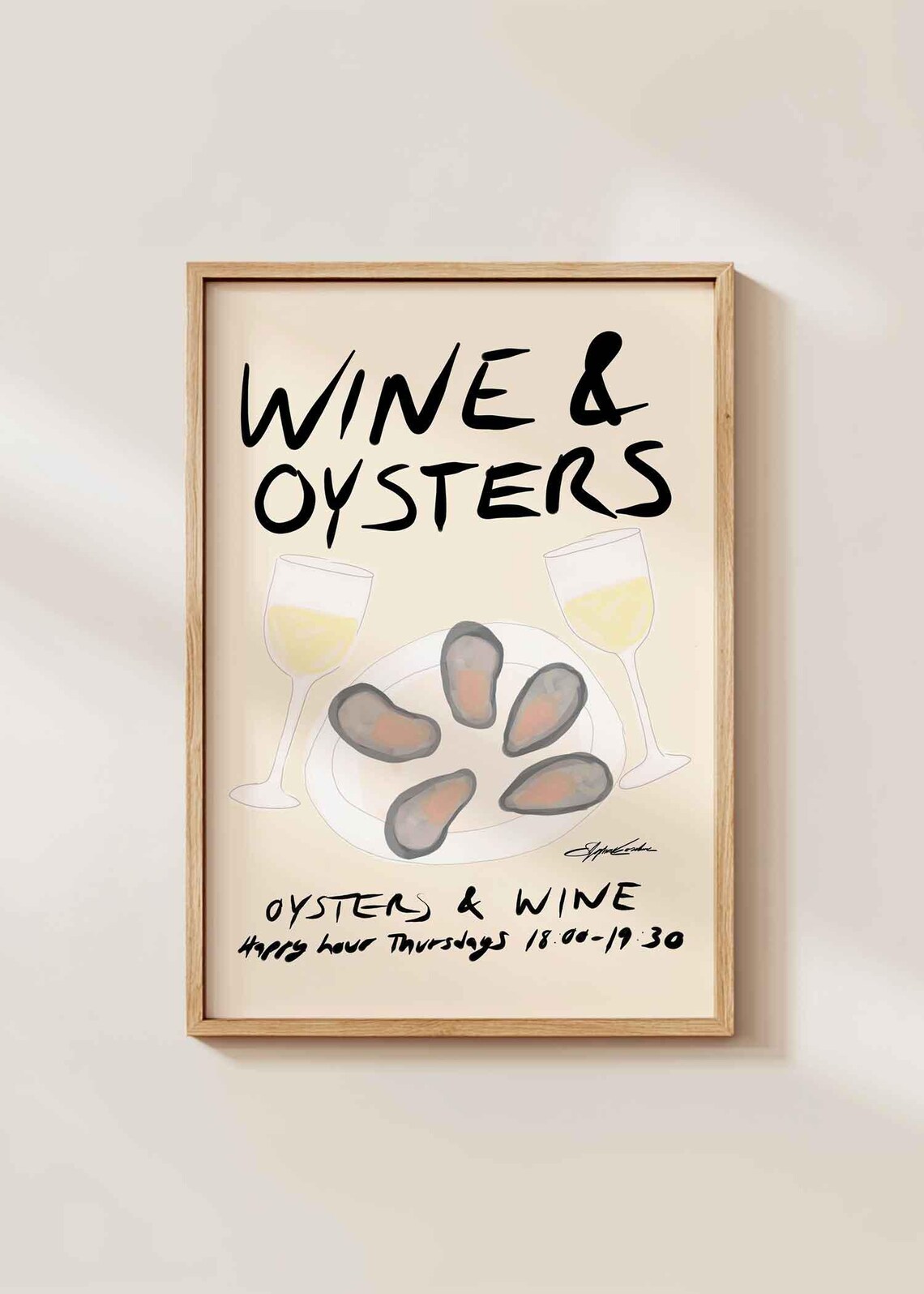 Wine and Oysters Happy Hour Poster for Kitchen and Dining Room Wall Decor