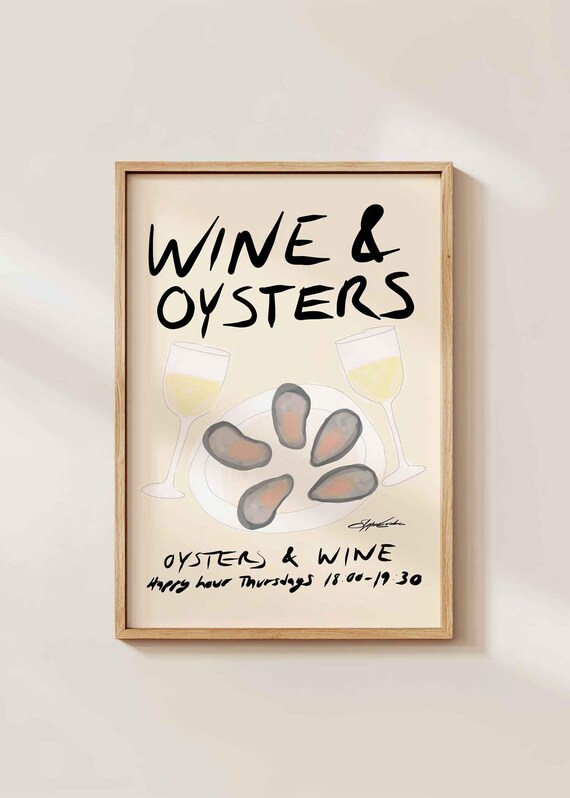 Wine and Oysters Happy Hour Poster for Kitchen and Dining Room Wall Decor