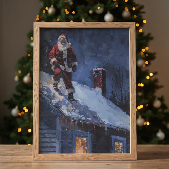 Santa Claus Snowy Rooftop Night Chimney Christmas Eve Oil Painting Poster