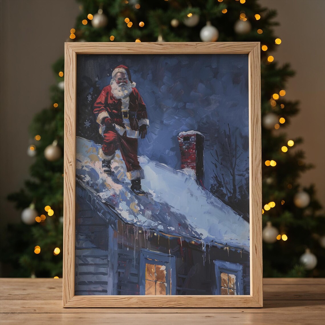 Santa Claus Snowy Rooftop Night Chimney Christmas Eve Oil Painting Poster