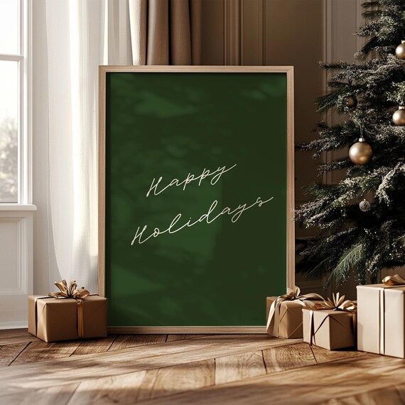 Happy Holidays Script Green Christmas Typography Holiday Art Poster