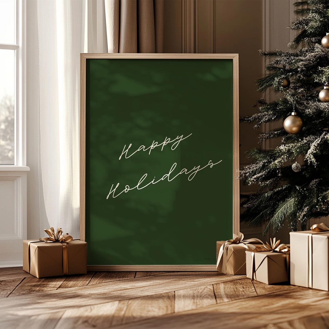 Happy Holidays Script Green Christmas Typography Holiday Art Poster