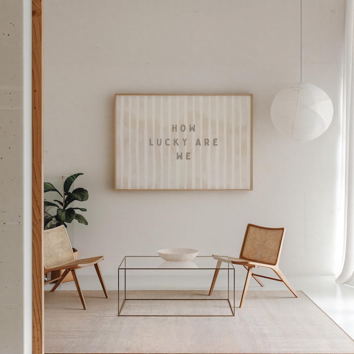 How Lucky Are We Neutral Beige Striped Typography Quote Poster - Image 2