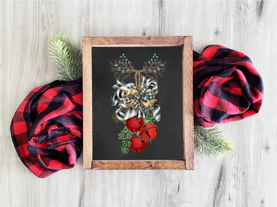 Jingle Bells Chalkboard Red Sleigh Bells Buffalo Check Bow Poster - Image 3