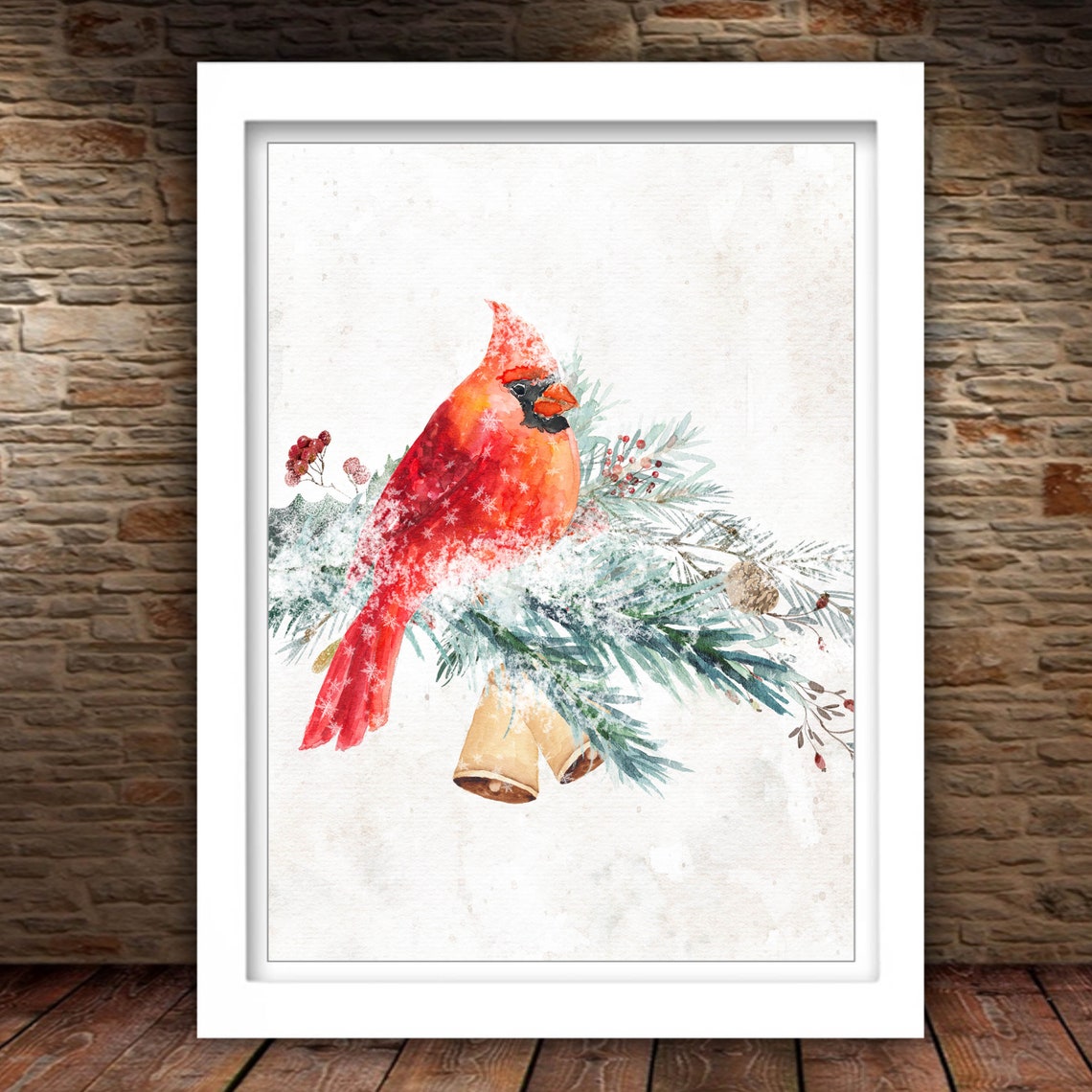 Red Cardinal On Snowy Pine Branch Golden Bells Winter Bird Poster - Image 2
