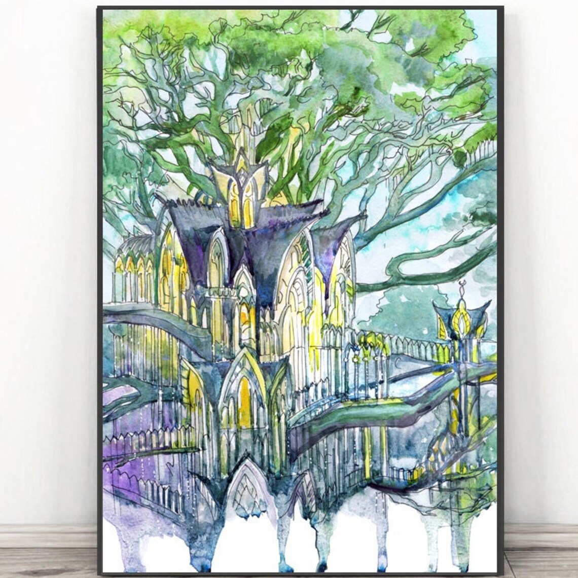 Elven City Watercolor Art Print, Fantasy Forest