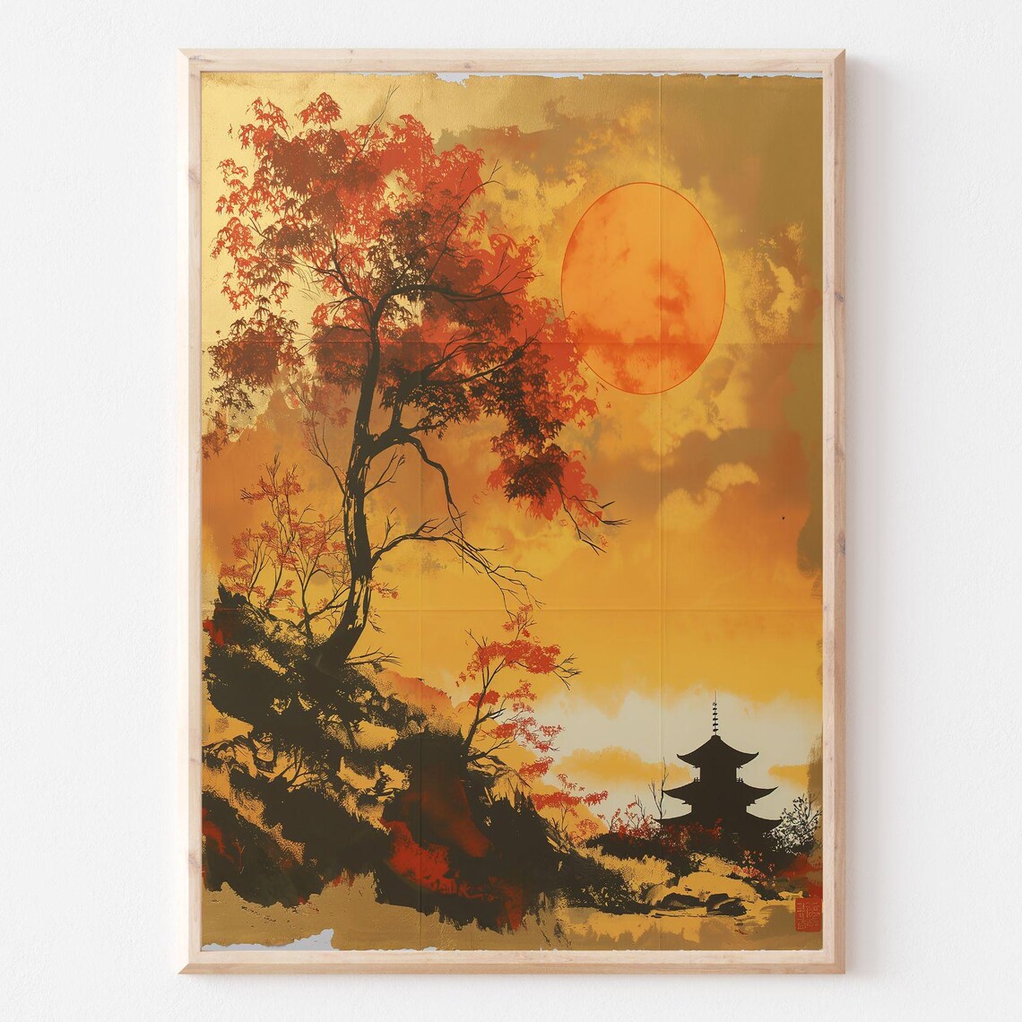 Golden Sunset Landscape With Pagoda, Minimalist Japanese Inspired