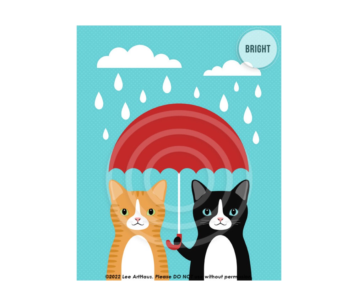 Two Cats Under Red Umbrella Rainy Day Cute Cat Friendship Wall Art Poster - Image 2