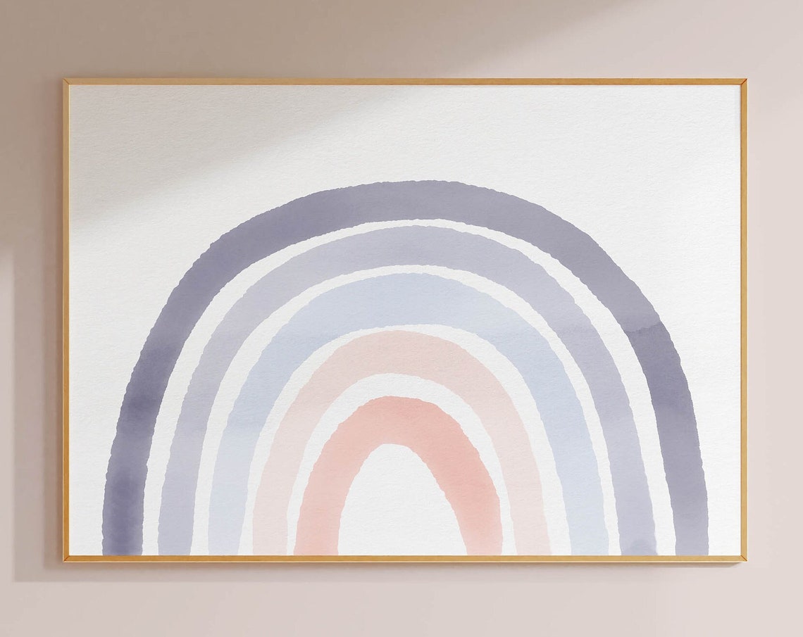 Pastel Navy Blush Rainbow Watercolor Nursery Soft Arch Wall Art