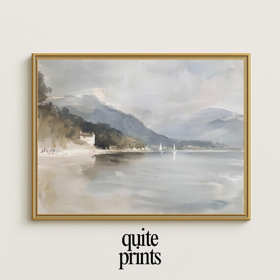 Coastal Mountains Sailboats Chapel Shore Misty Calm Neutral Seascape Painting Poster