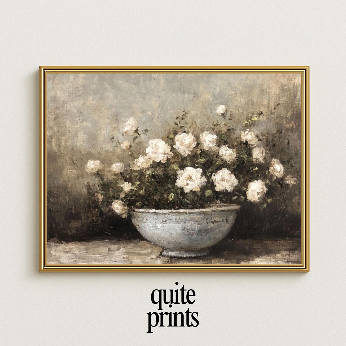 White Roses Still Life Painting Wide Stone Bowl Vintage Floral Poster