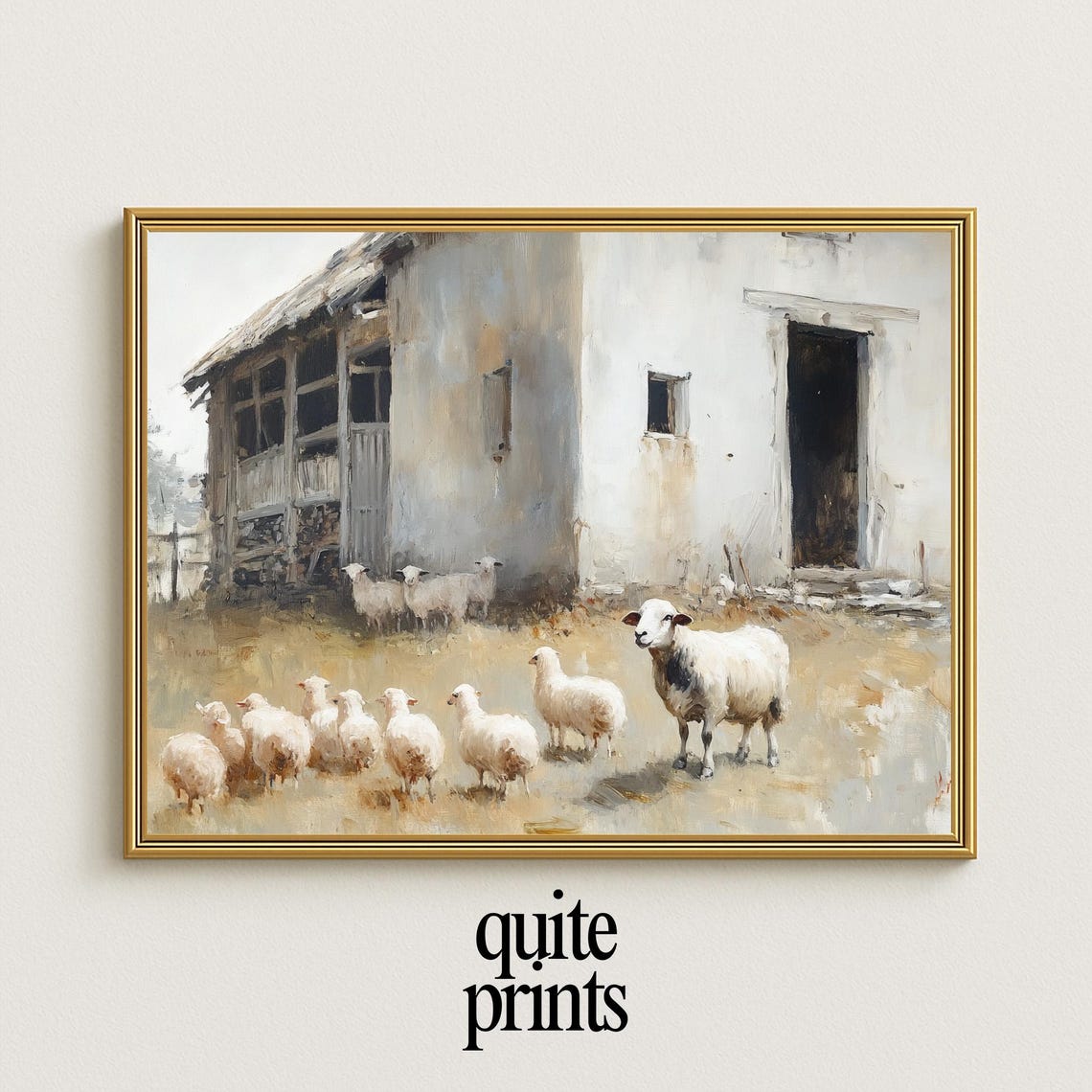 Sheep Flock Weathered Barn Muted Rustic Farmhouse Oil Poster