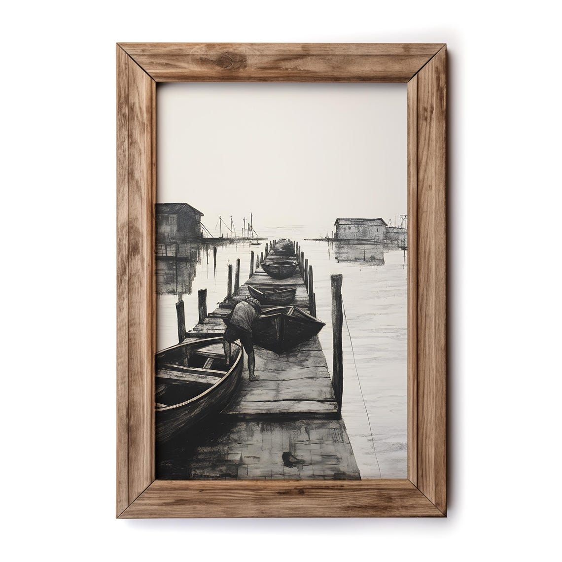 Vintage Boat Dock Black and White Nautical Harbor Sketch Poster