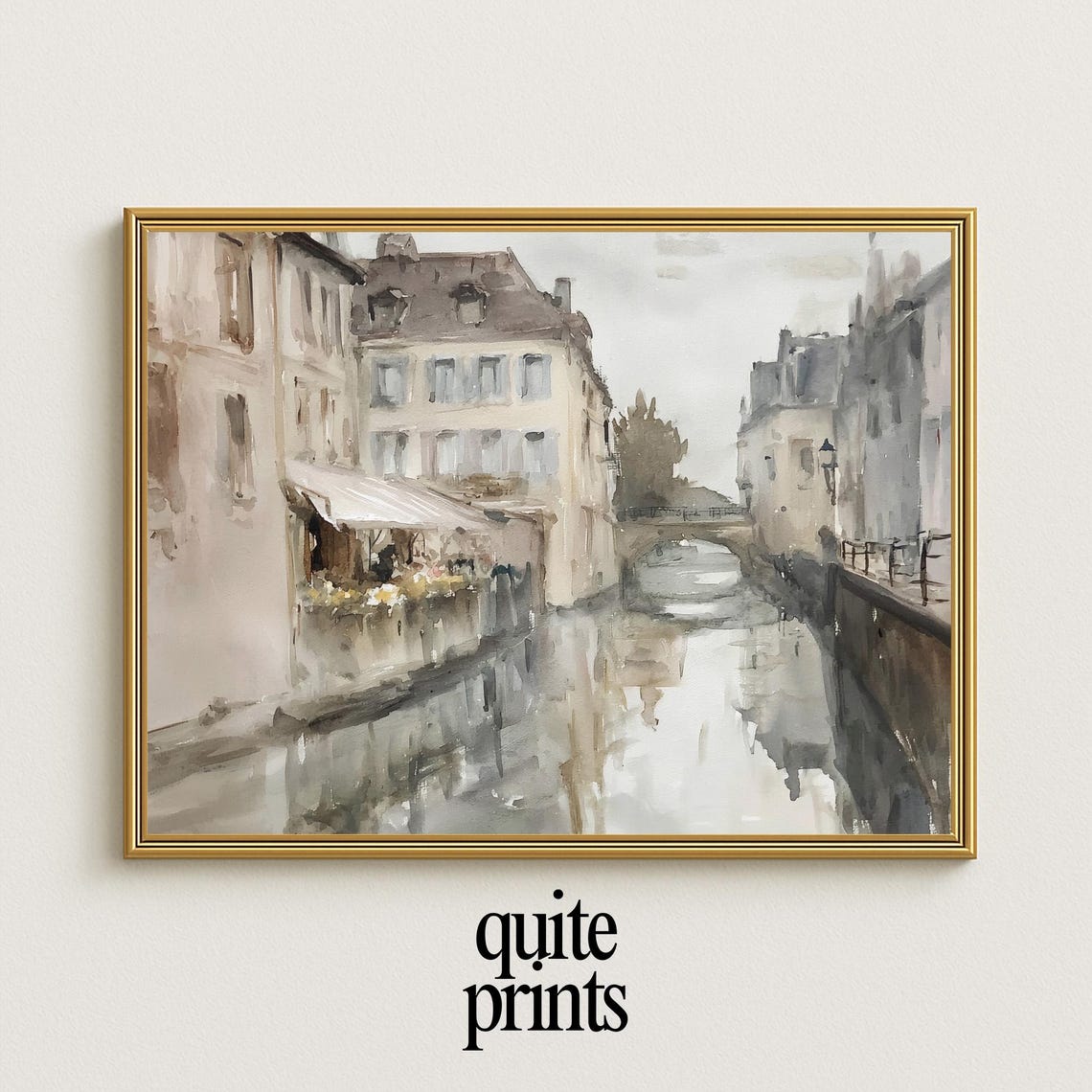 European Canal Poster Rustic Waterfront Architecture Neutral Art