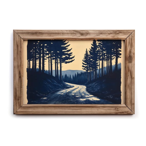 Winding Forest Road Art Moody Pine Tree Landscape For Rustic Nature Wall Decor
