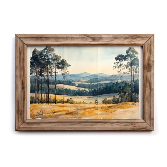 Serene Countryside Landscape Golden Field Mountain View Wall Art For Rustic Farmhouse Decor