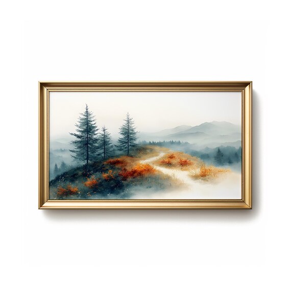 Misty Autumn Pine Trail Watercolor Foggy Forest Mountain Landscape Poster