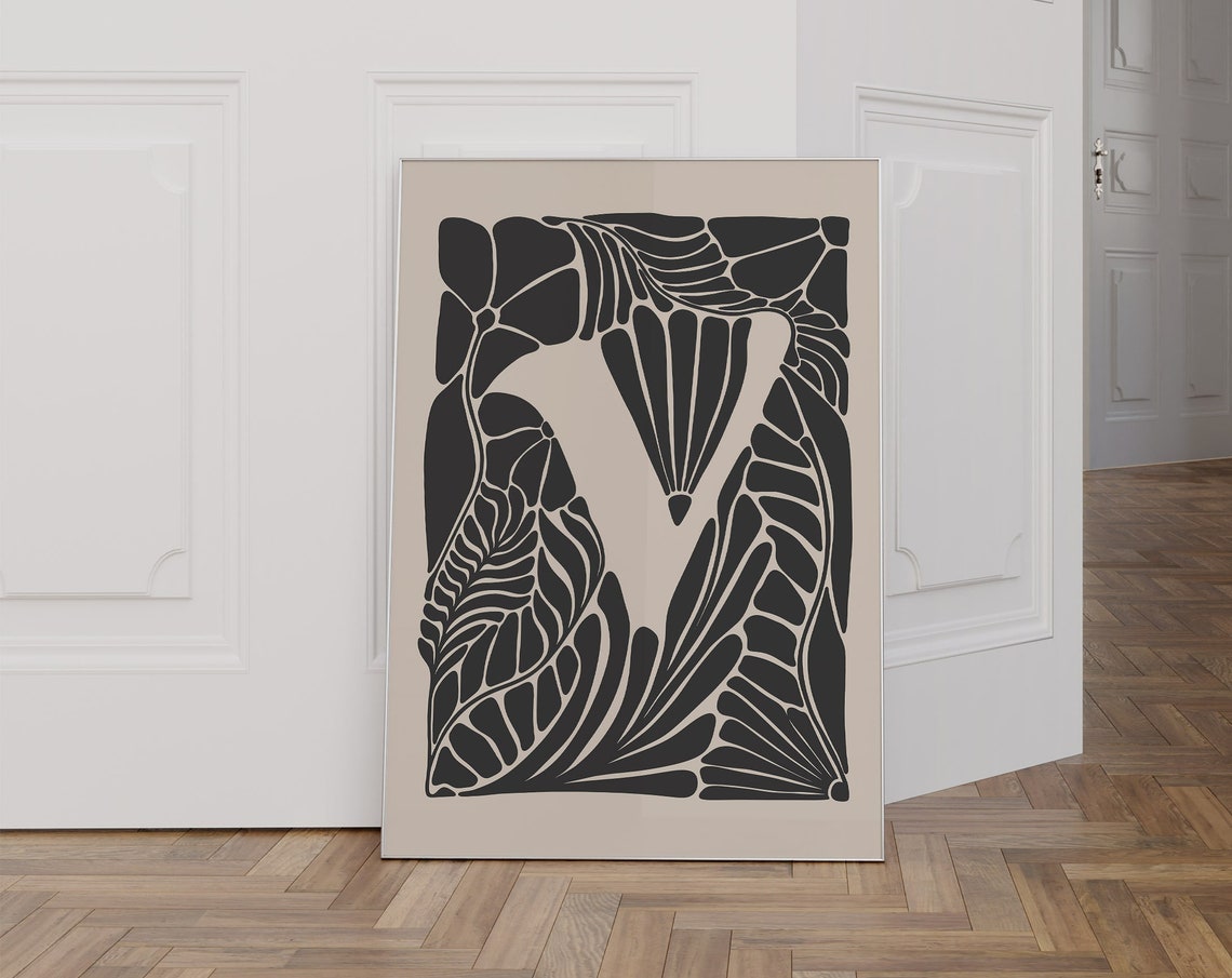 Letter V Botanical Monogram Black Floral Initial Art Nouveau Poster
