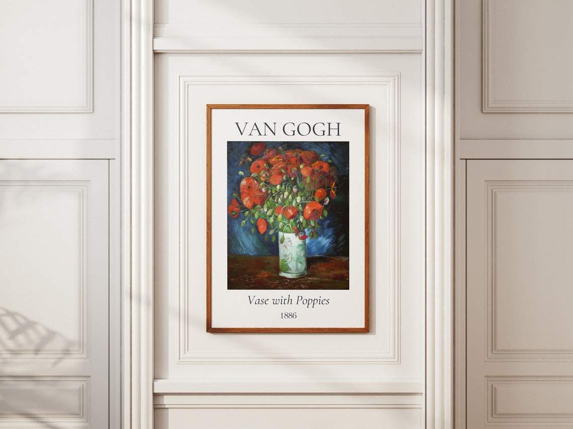 Van Gogh Vase with Poppies 1886 Red Flowers Blue Background Poster - Image 6