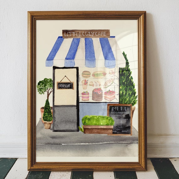 Little Cozy Cafe Art Cafe Wall Art Cute Kitchen Prints Watercolor Art Print Watercolor Paintings