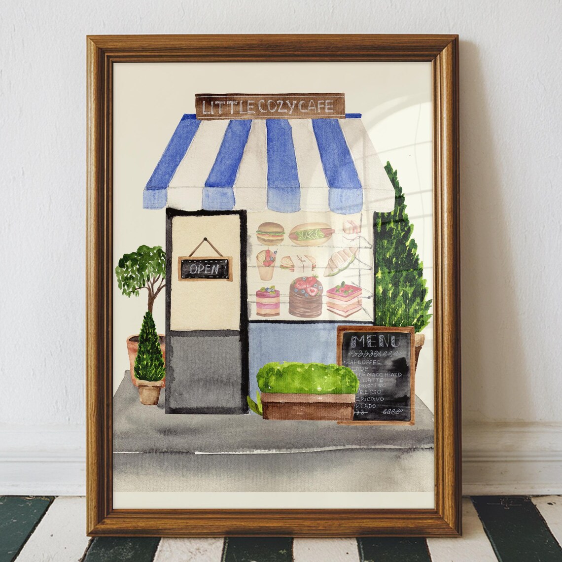 Little Cozy Cafe Watercolor Storefront Blue Awning Pastry Shop Poster