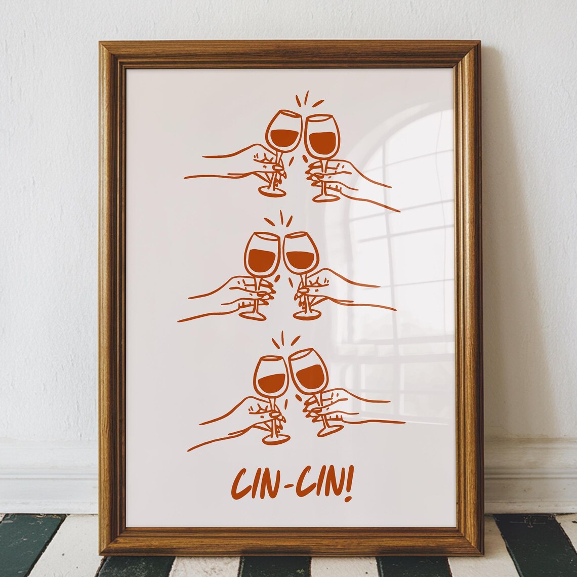 Cin Cin Wine Glasses Toast Terracotta Line Art Kitchen Bar Wall Art