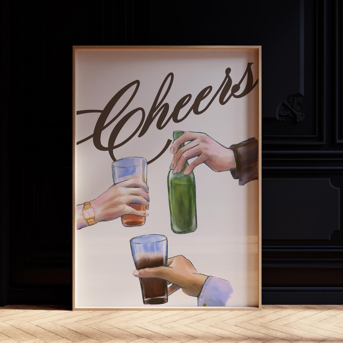 Cheers Script Bar Toast Hands Painting Beer Bottle Kitchen Art Poster - Image 3