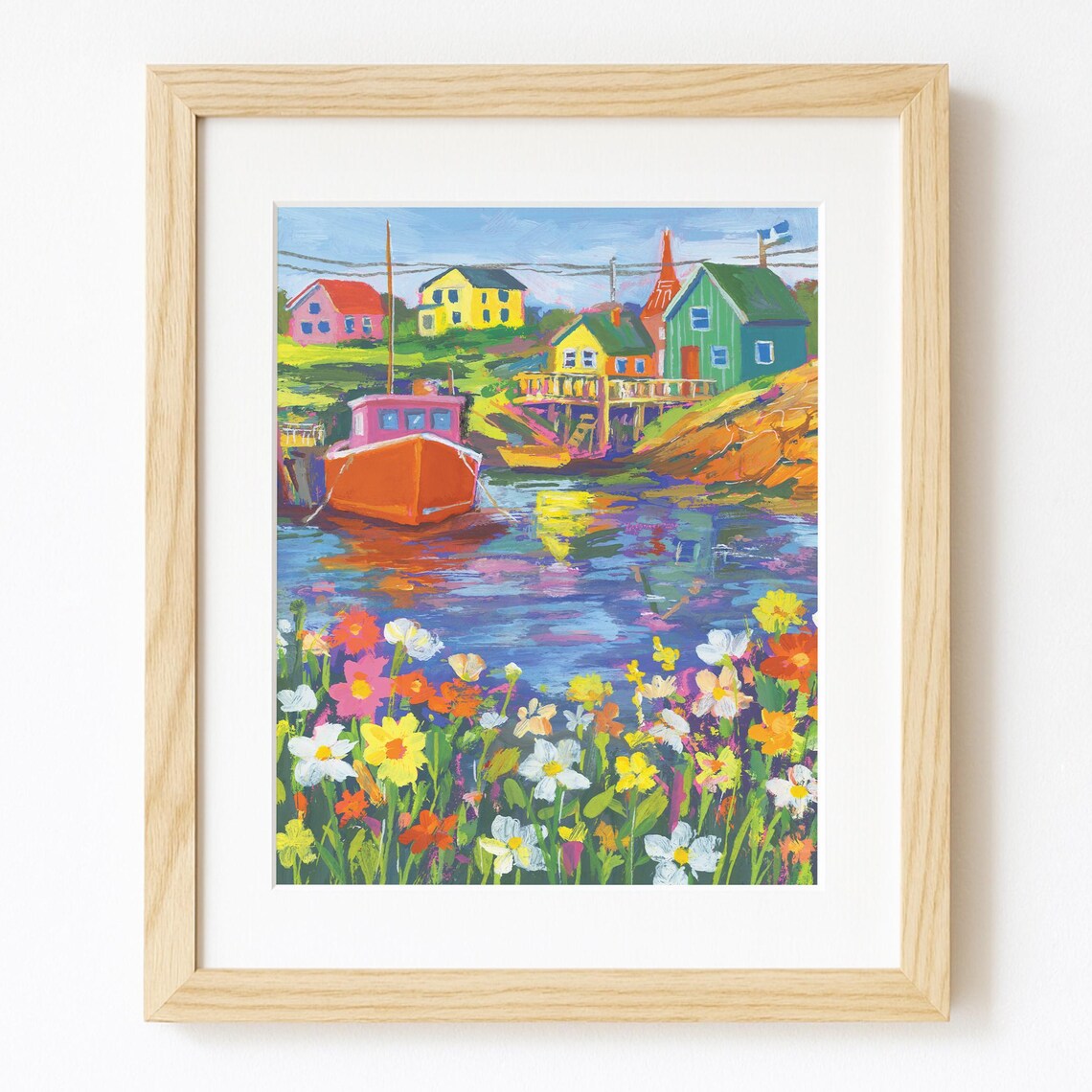 Colorful Fishing Village Harbor Boats Folk Art Painting Poster