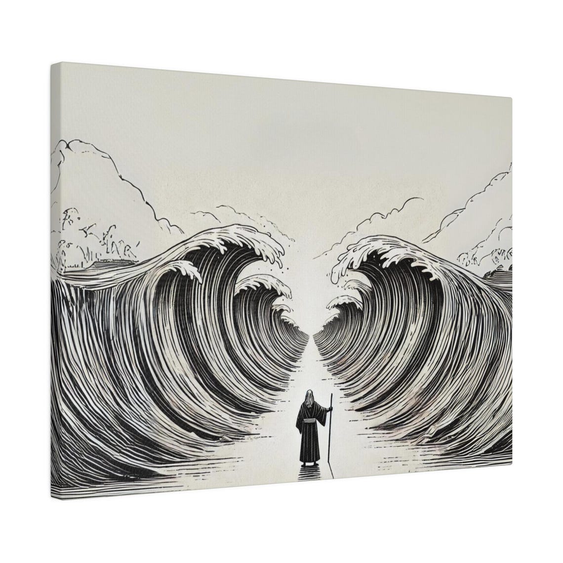 Minimal Dramatic Moses Parting The Red Sea Black White Line Poster