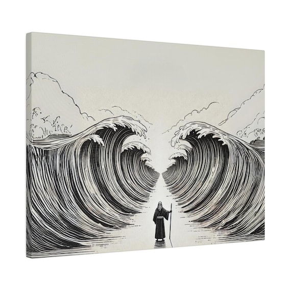 Minimal Dramatic Moses Parting The Red Sea Black White Line Poster