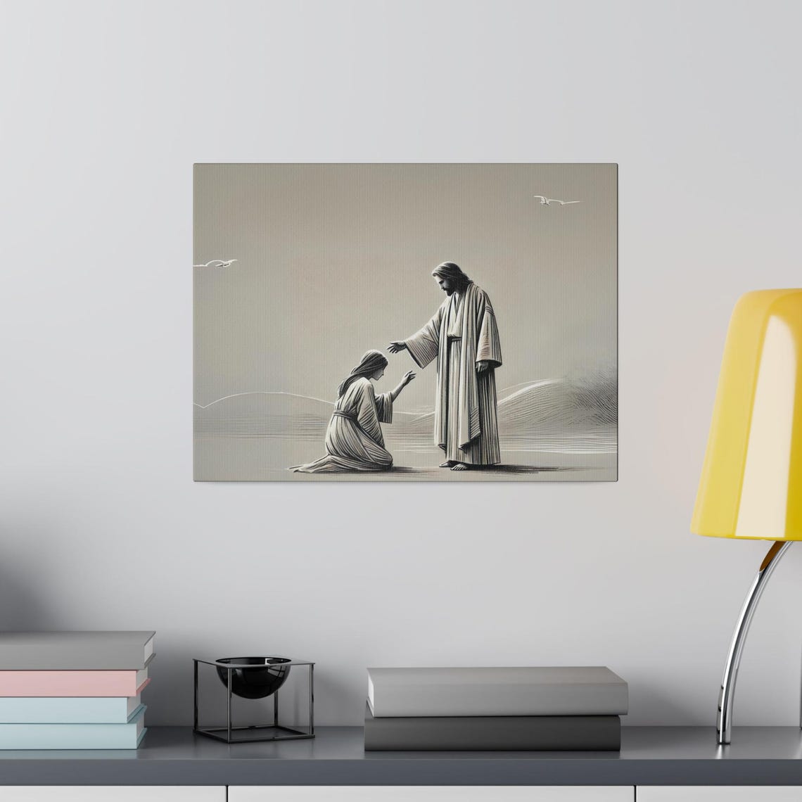 Jesus Healing The Sick Woman Monochrome Bible Story Art Poster - Image 2