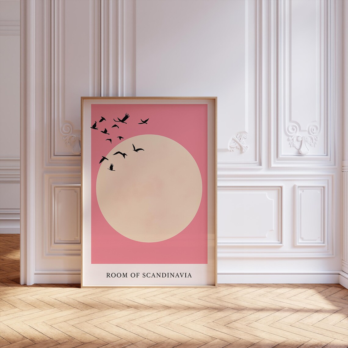 Japanese Minimalist Japandi Art Print, Pink Sky Birds