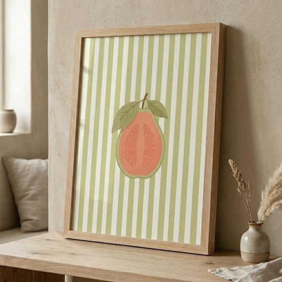 Guava Half on Green Stripes Tropical Minimalist Kitchen Poster
