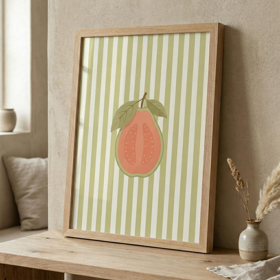 Guava Half on Green Stripes Tropical Minimalist Kitchen Poster