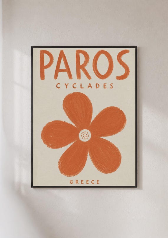 Paros Greece Travel Poster Cyclades Island Wall Art Retro Floral Print Terracotta