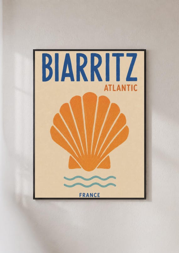 Biarritz France Travel Poster Atlantic Coast Shell Print Retro Beach Wall Art