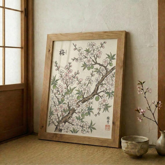 Japanese Ume Blossom Print Mokuhanga Style Plum Branch Wall Art Japandi Decor